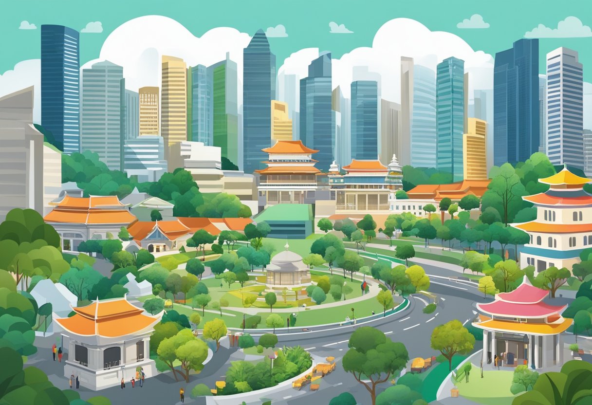 A bustling cityscape with skyscrapers, gardens, and bustling streets, representing the diverse and thriving economy of Singapore