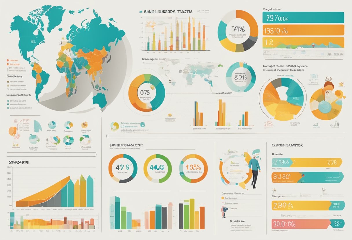 A colorful infographic displaying Singapore's demographic statistics with charts, graphs, and data points