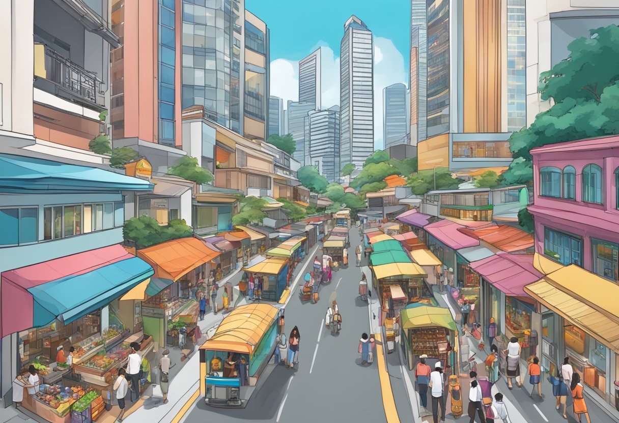A bustling Singapore street with diverse shops and restaurants, surrounded by modern skyscrapers and bustling with people of various backgrounds