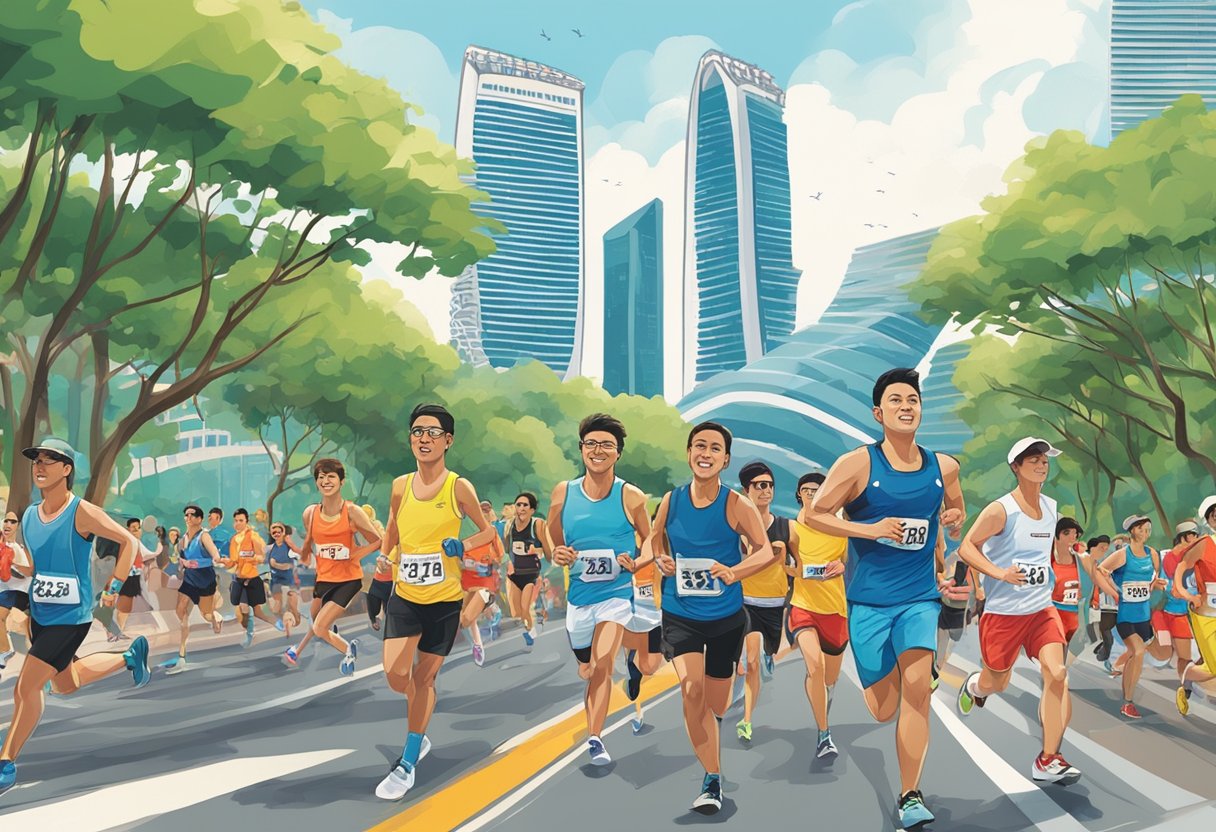Runners race through Singapore's city streets, passing iconic landmarks like the Marina Bay Sands and Gardens by the Bay. Spectators cheer from the sidelines as the marathon winds its way through the urban landscape