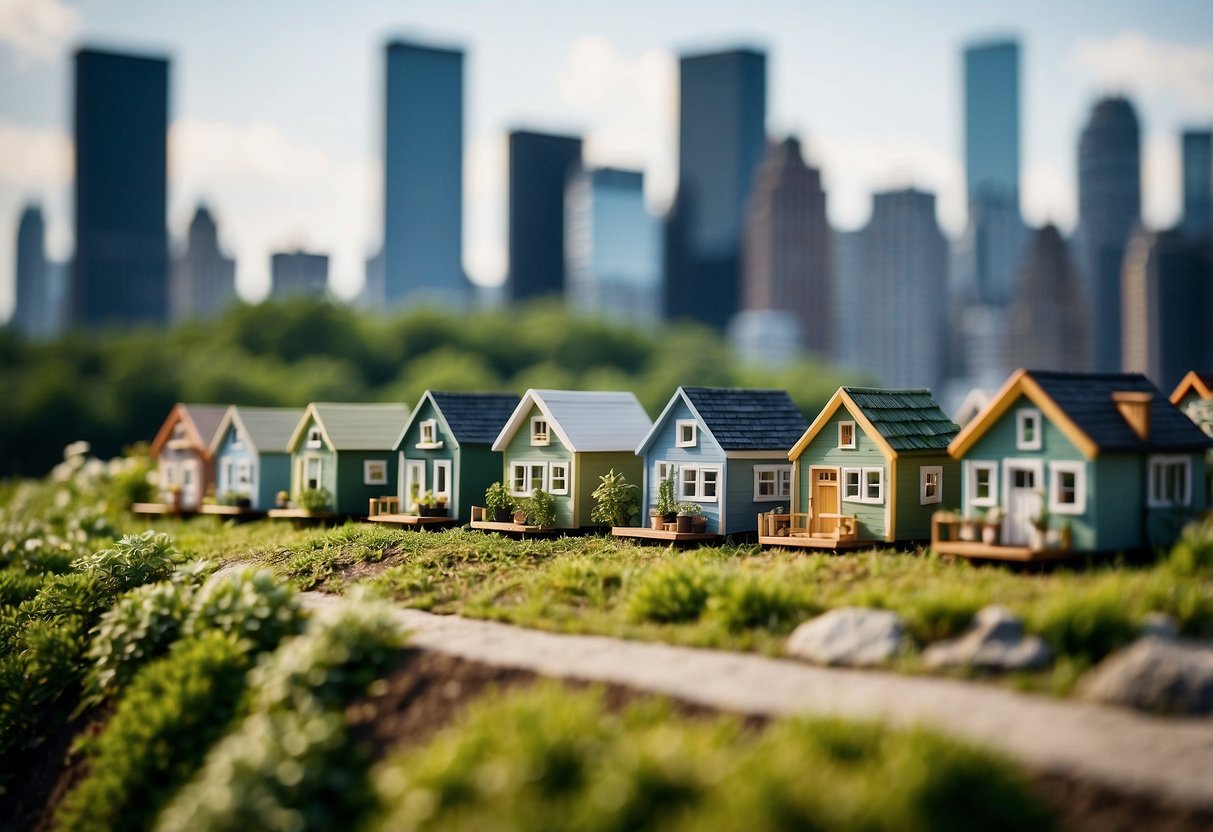 A row of tiny houses sits nestled in a lush green landscape, with the New York skyline in the distance