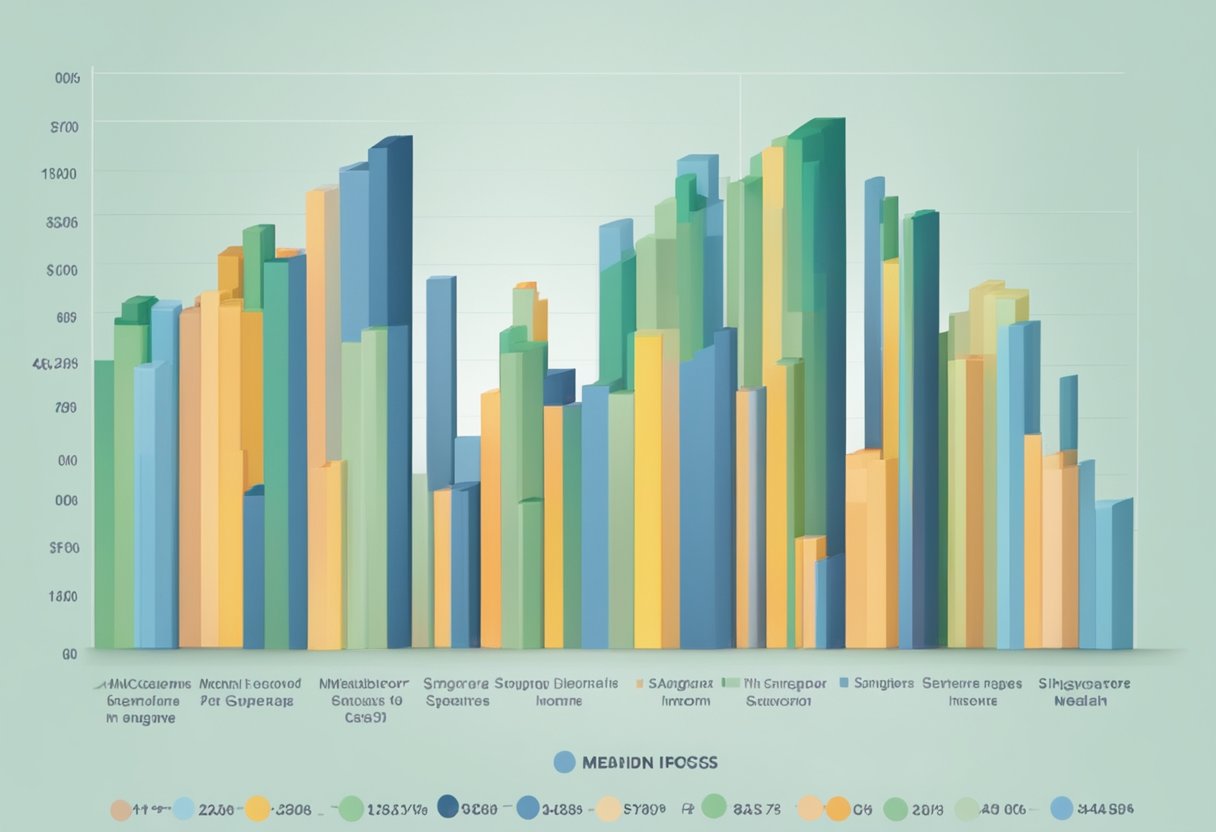 A bar graph showing the distribution of income levels in Singapore, with the median income highlighted in the center