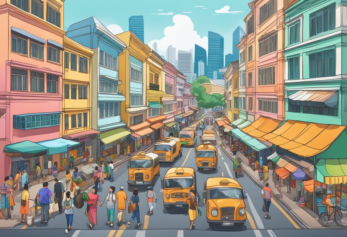 A bustling street in Singapore, with colorful shophouses, bustling markets, and vibrant street vendors. The iconic skyline of the city can be seen in the distance