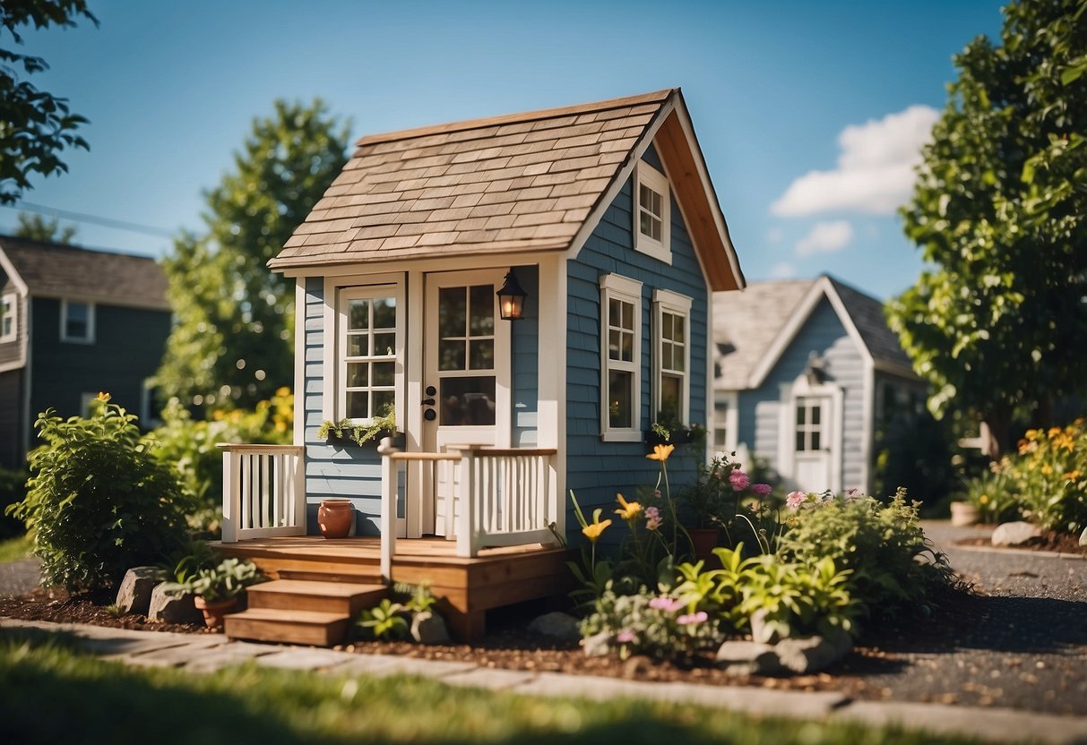 A small, charming tiny house nestled in a quaint neighborhood, surrounded by greenery and a clear blue sky, with a sign displaying "Legal Tiny House Zone" in New York