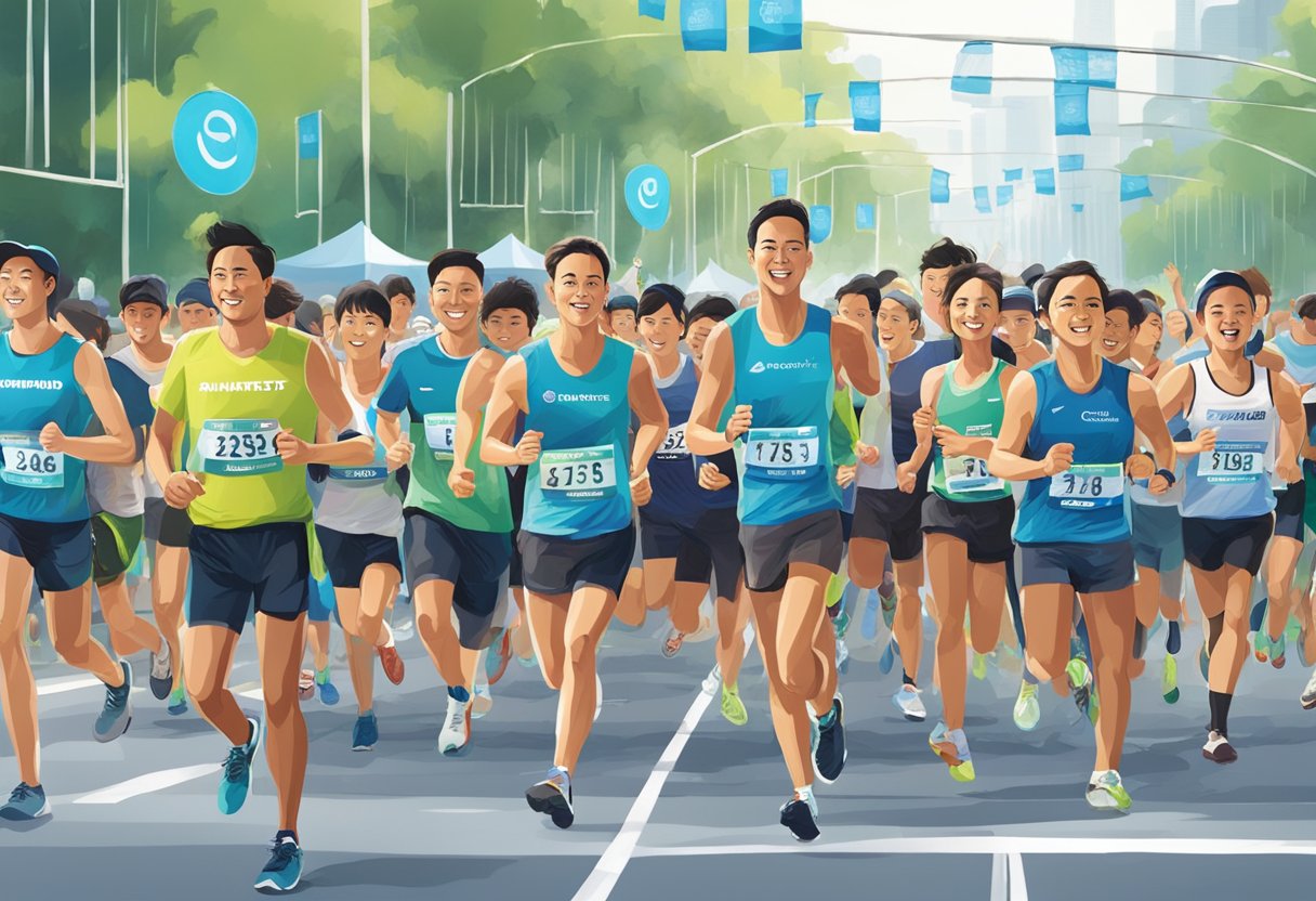 Runners crossing the finish line at the Standard Chartered Singapore Marathon. Crowd cheering, banners waving, and a sense of accomplishment in the air