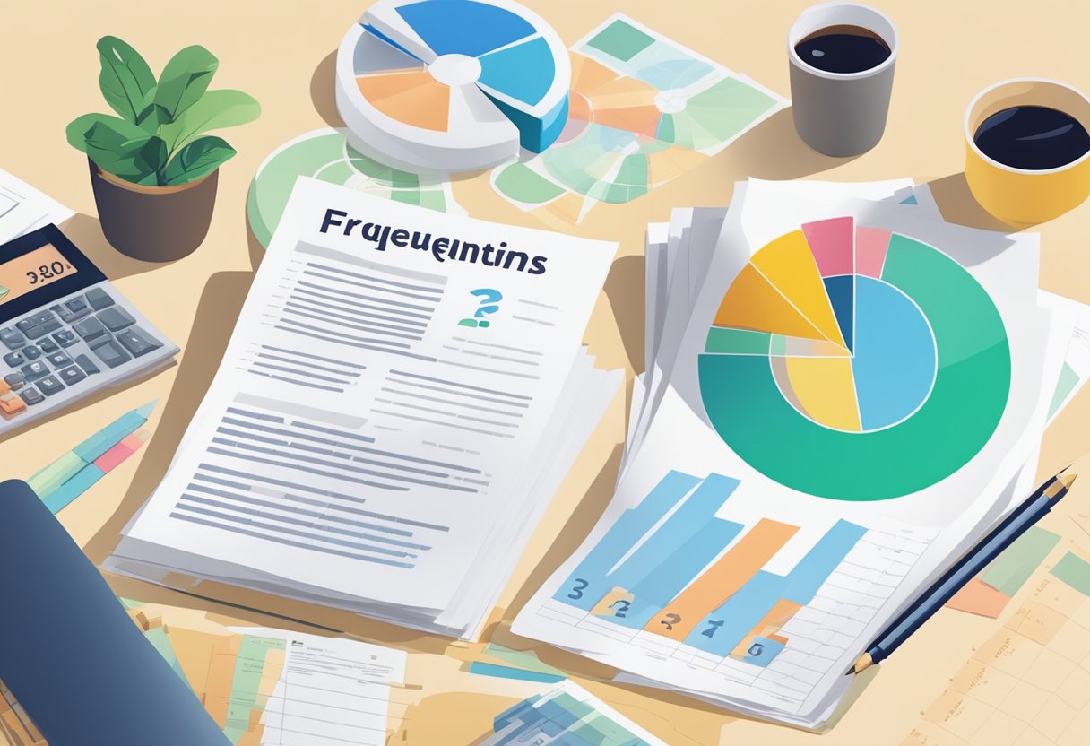 A stack of papers with "Frequently Asked Questions" printed on them, surrounded by charts and graphs displaying Singapore statistics
