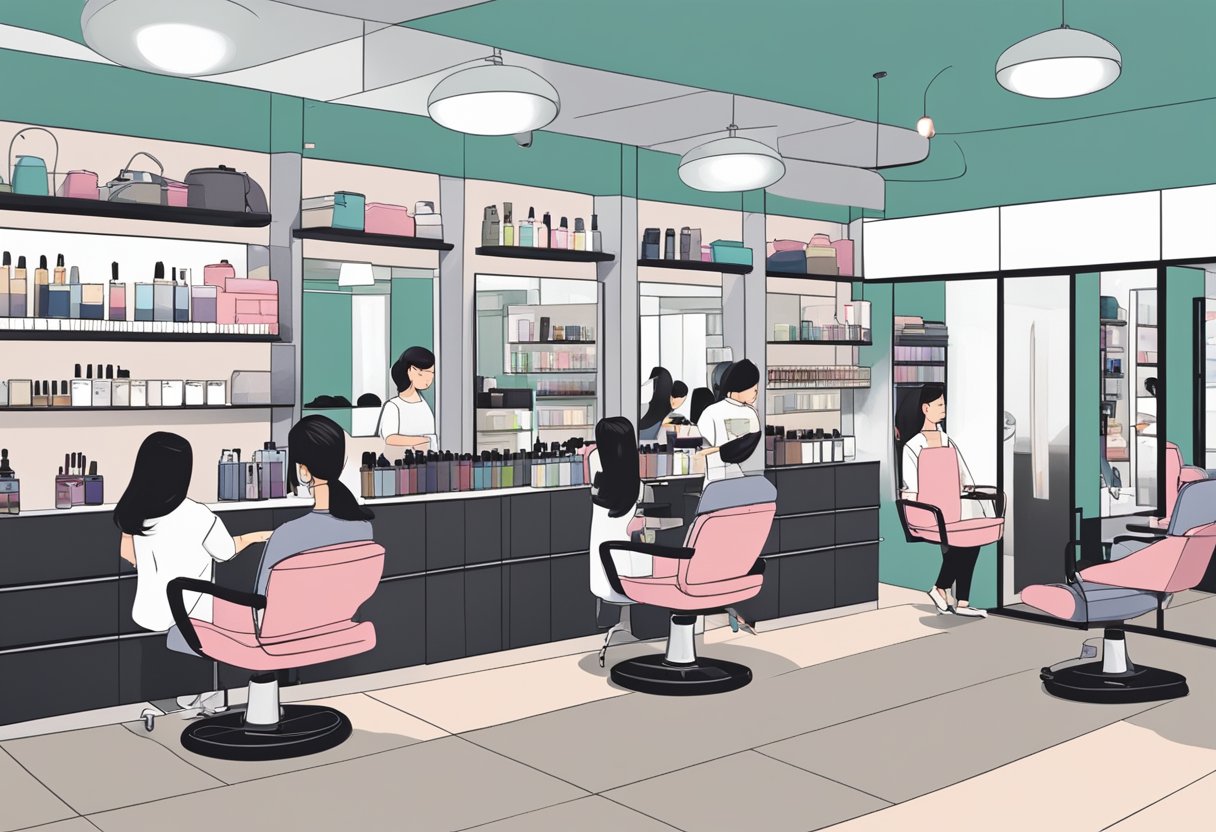 A bustling Korean hair salon in Singapore, with stylists attending to clients, shelves stocked with hair products, and a modern, sleek interior design