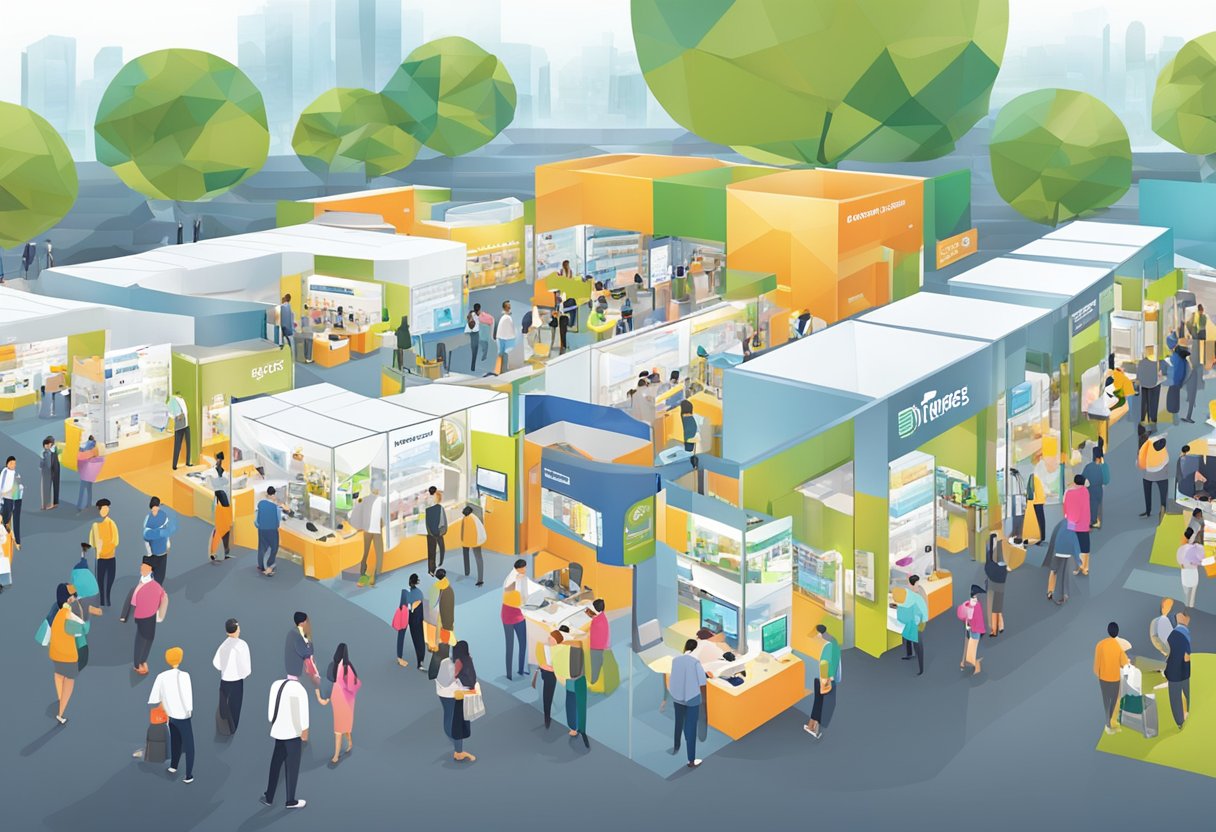 A bustling trade show with Pico Singapore's Services on display, featuring vibrant booths and engaged attendees