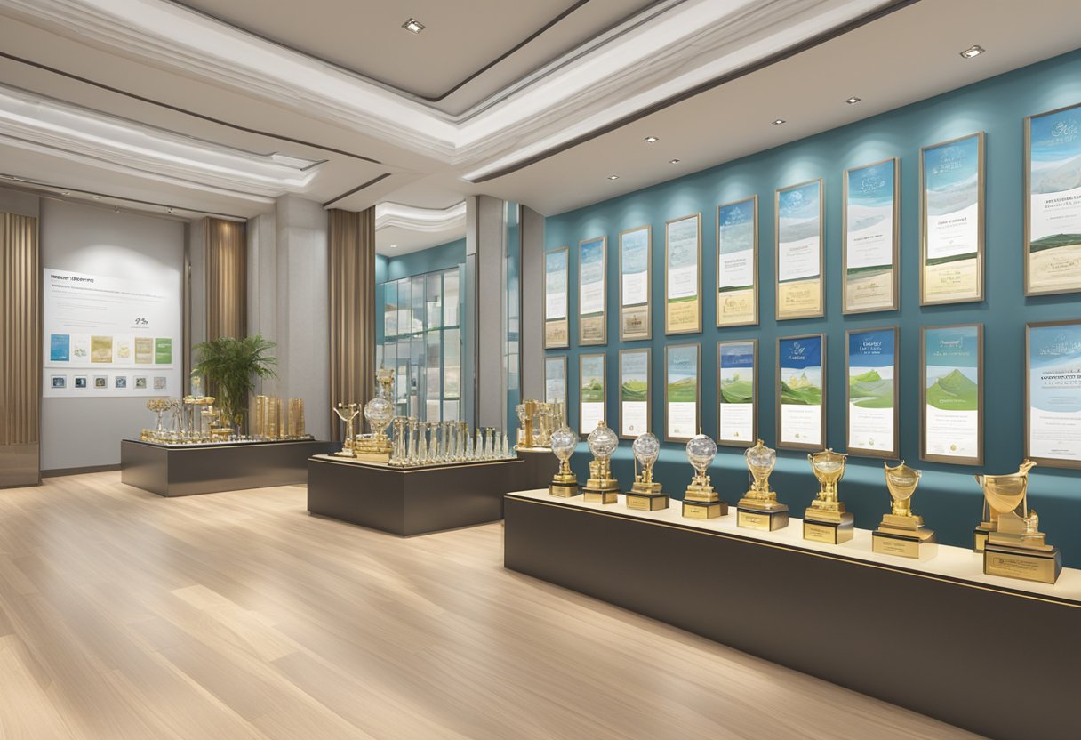 A display of trophies and certificates at Pico Singapore, showcasing the company's awards and recognition