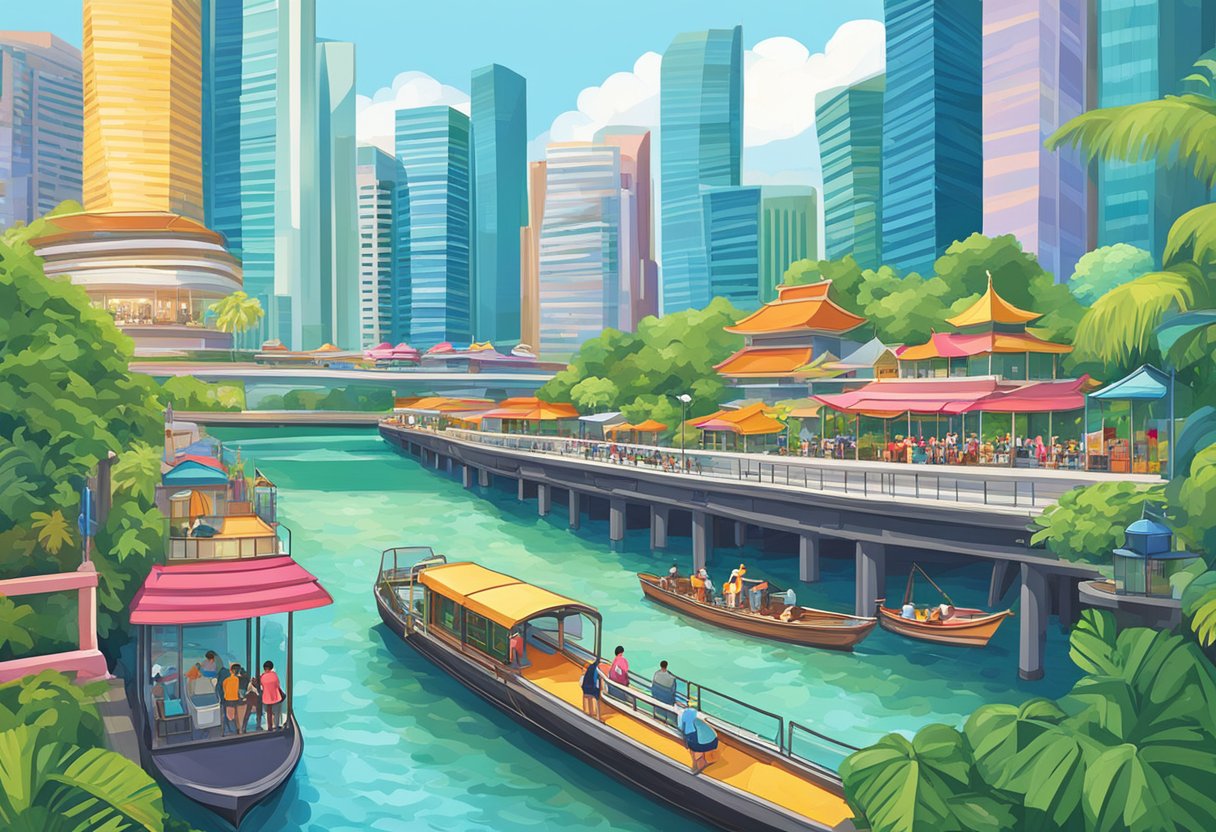 Colorful buildings line the bustling streets of Singapore, with vibrant signs and bustling activity. The iconic Marina Bay Sands looms in the distance, surrounded by lush greenery and the sparkling waters of the bay
