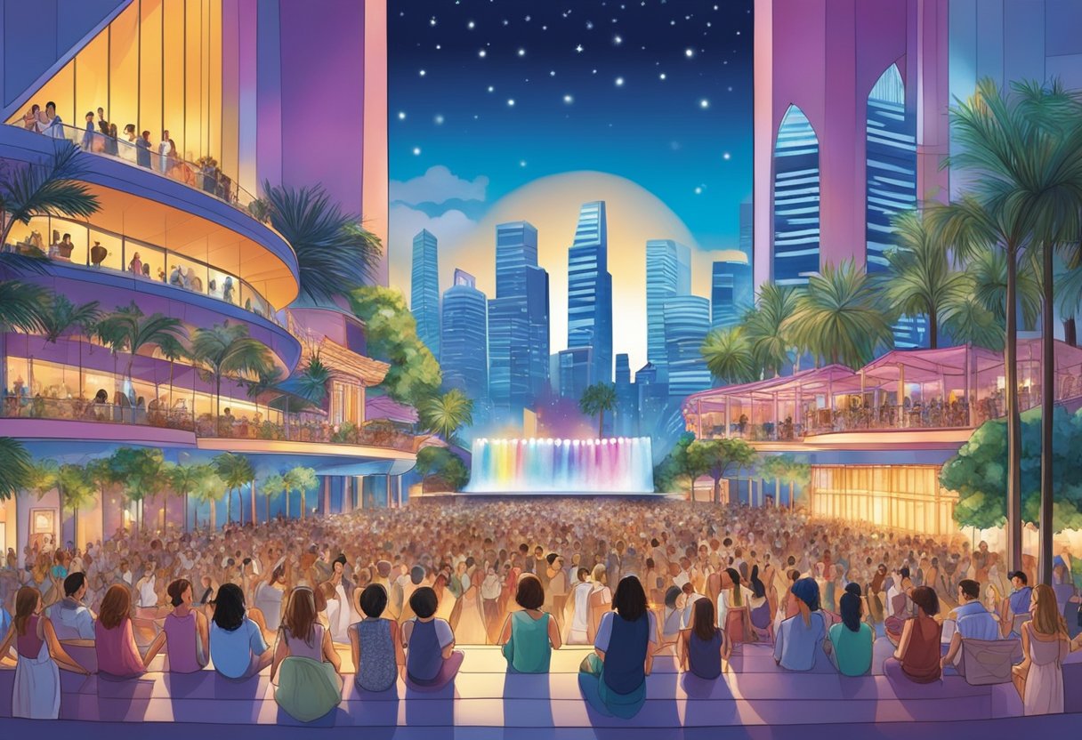 The vibrant lights of Singapore's skyline illuminate the stage as the cast of Mamma Mia! performs, filling the air with music and energy