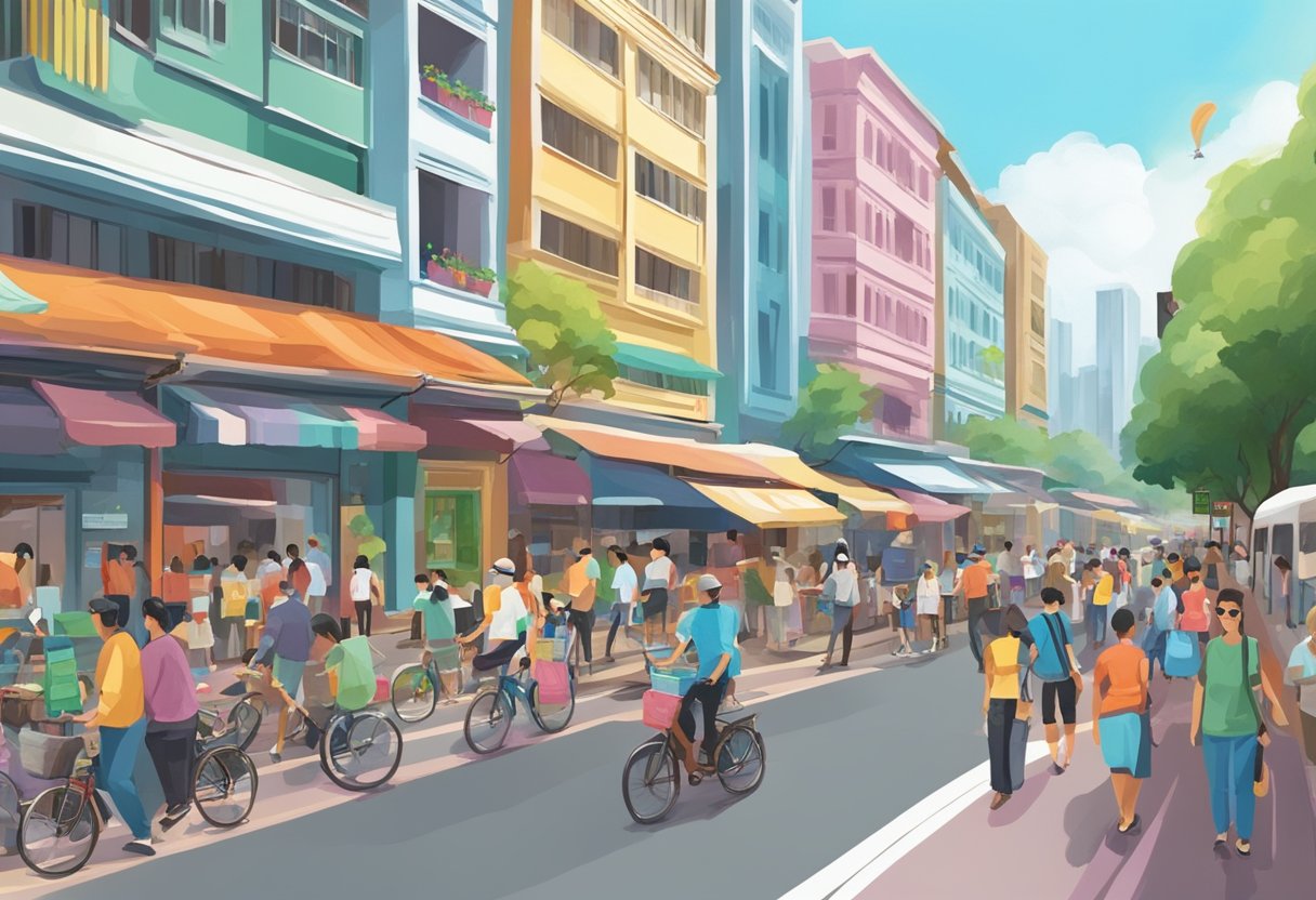 A bustling street in Singapore, with colorful buildings, bustling traffic, and people going about their daily activities