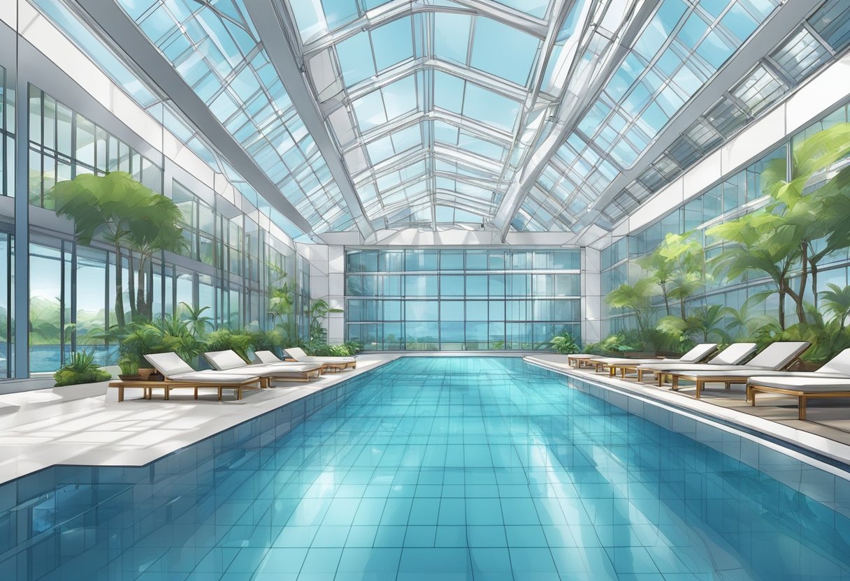 A bright indoor swimming pool in Singapore with clear blue water and modern architecture