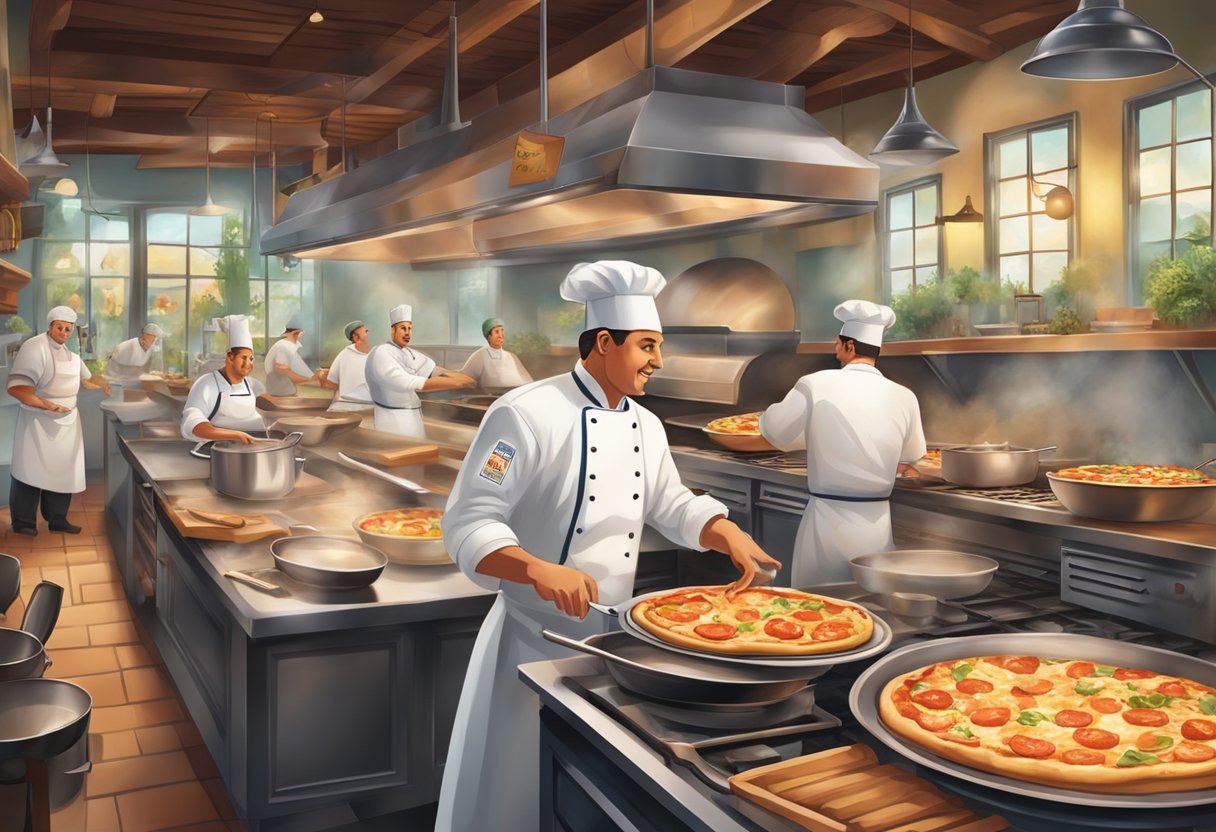The bustling kitchen of an Italian restaurant, with chefs tossing pizza dough and sizzling pans, while diners enjoy the lively atmosphere and classic Italian music