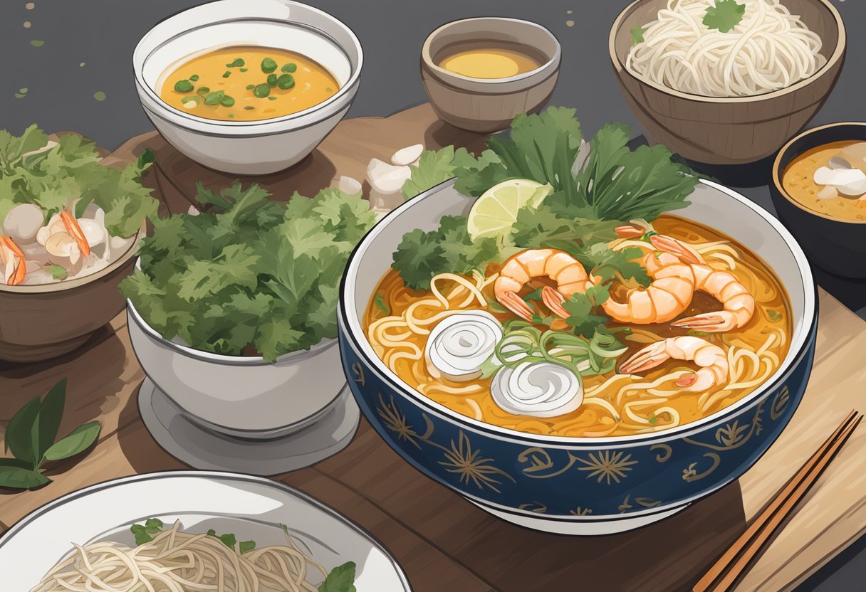 A steaming bowl of Laksa Singapore sits on a table, filled with rich coconut broth, noodles, shrimp, and aromatic spices
