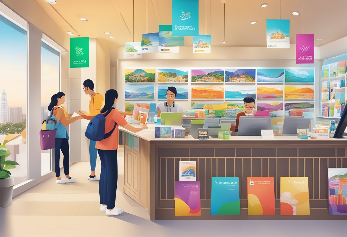 Customers browsing JTB Singapore's travel packages, with staff assisting at the counter and colorful brochures on display