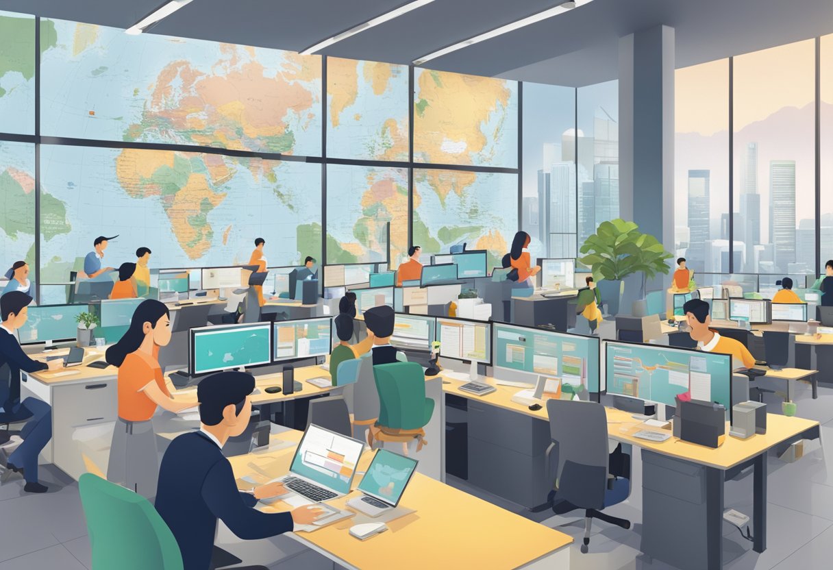 A bustling office with employees at their desks, phones ringing, and a large map of Singapore on the wall