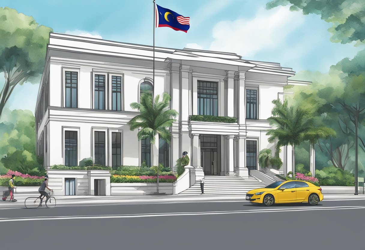 The Malaysian High Commission in Singapore provides consular services. The building is modern and sleek, with a prominent flag flying outside. The entrance is adorned with the national emblem