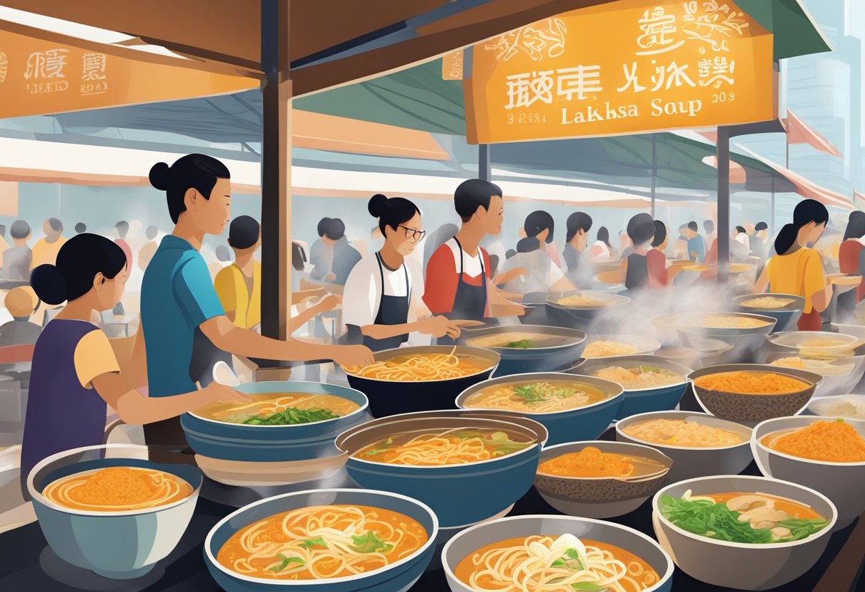 A bustling hawker center with steaming bowls of laksa, showcasing the various regional styles and ingredients of Singapore's beloved noodle soup