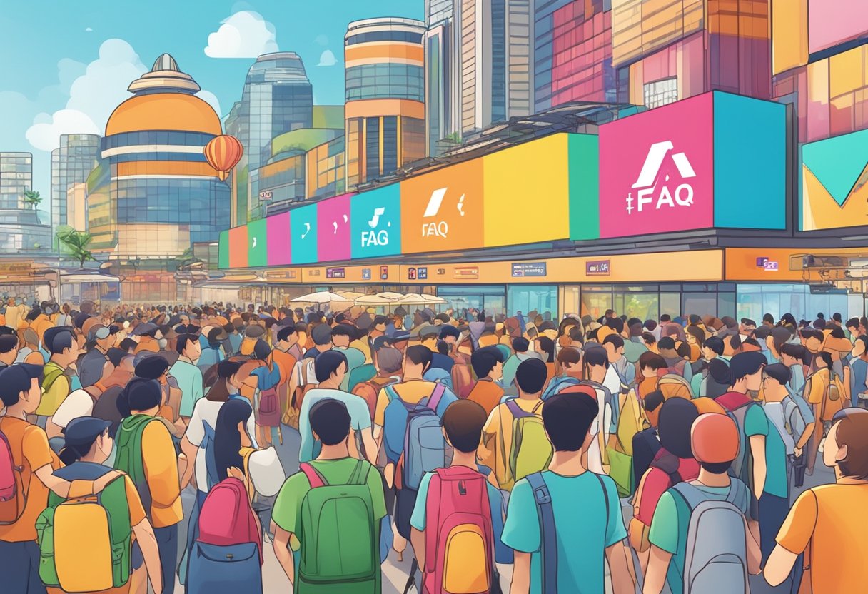 A colorful display of FAQ signs with the JTB Singapore logo, surrounded by a bustling crowd of tourists seeking information