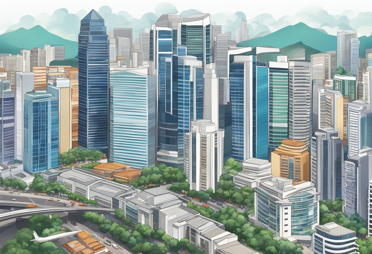 A bustling cityscape in Singapore, featuring the iconic Johnson and Johnson building amidst a backdrop of modern skyscrapers and bustling streets