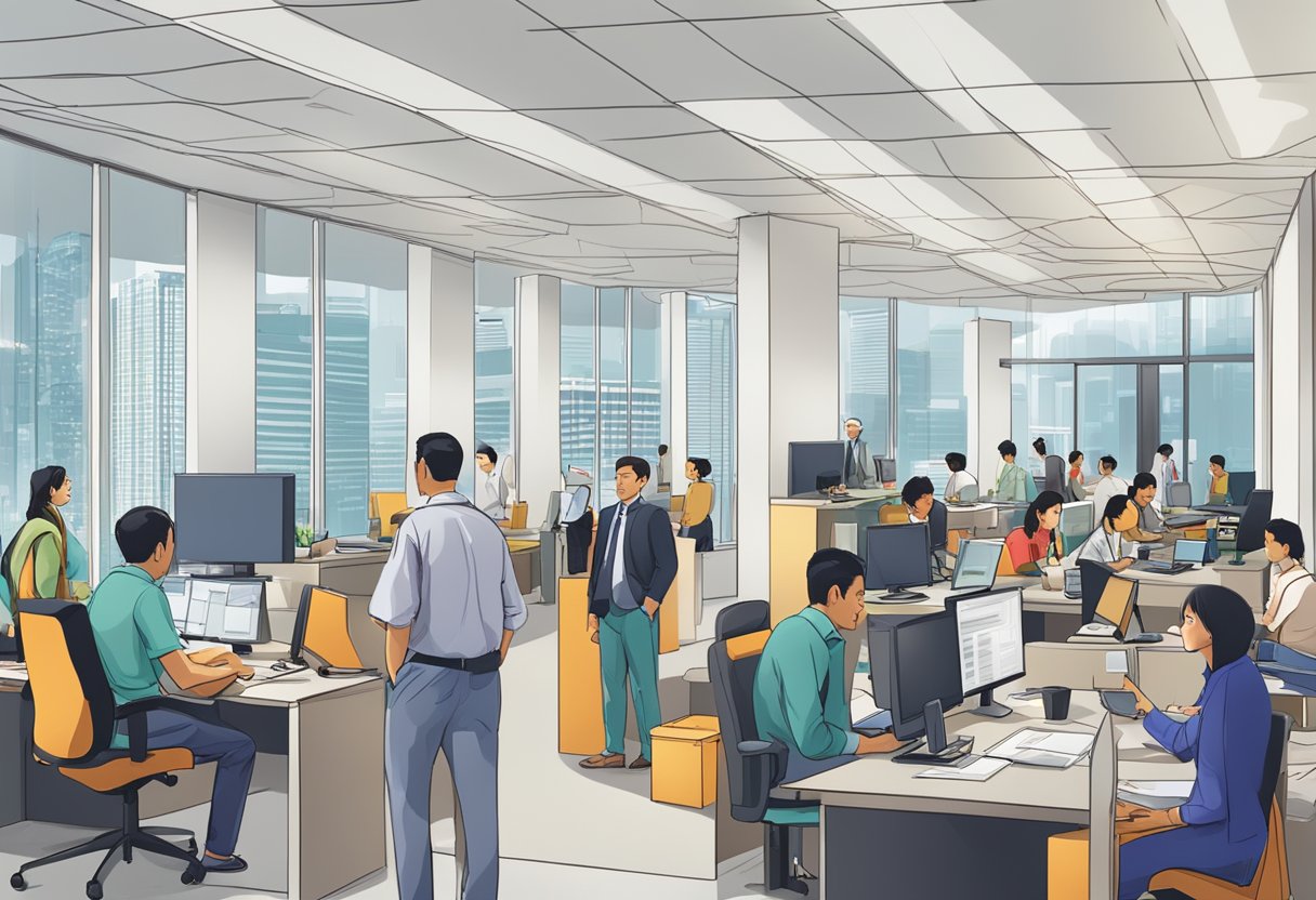 A bustling office with people seeking information at the Malaysia High Commission in Singapore, with a prominent "Frequently Asked Questions" sign