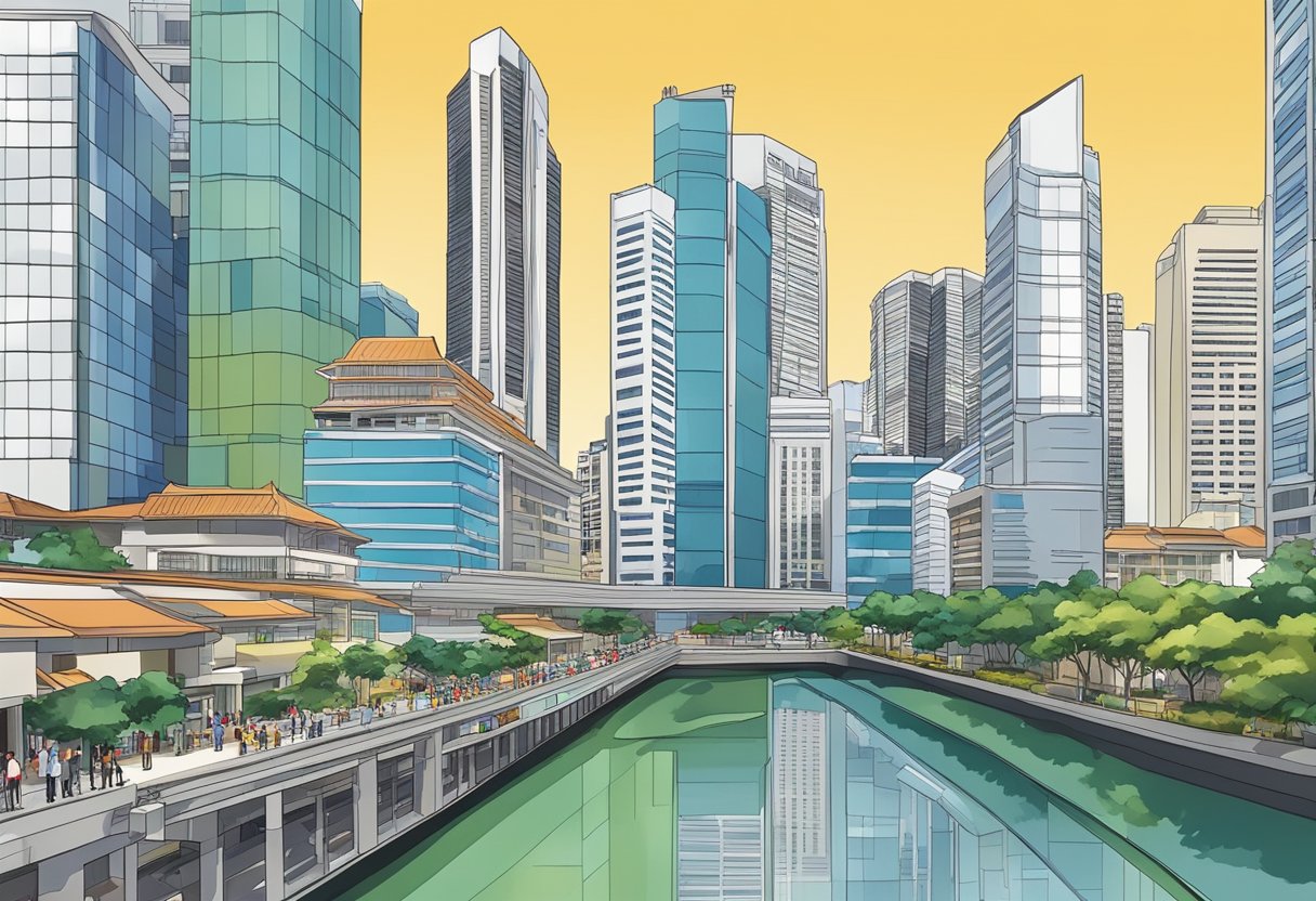 A bustling cityscape in Singapore with the iconic Johnson and Johnson building standing tall amidst the modern skyscrapers