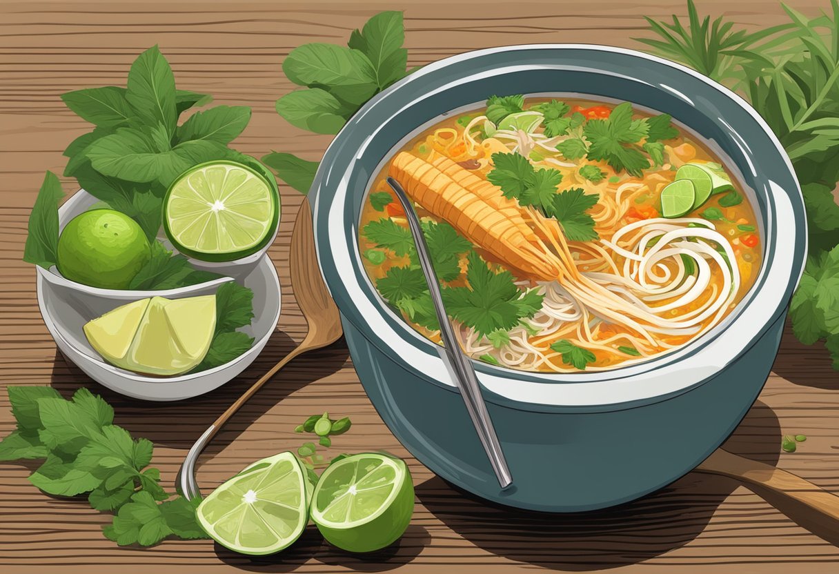 A steaming bowl of fragrant laksa sits on a wooden table, surrounded by fresh herbs, chili, and lime. A spoon rests on the side, ready to dive into the rich, coconut-based broth