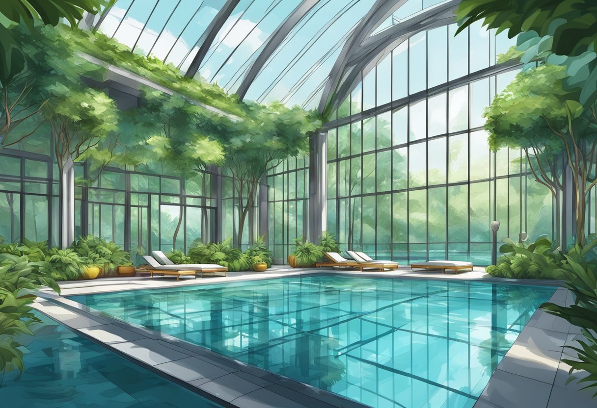 An indoor swimming pool in Singapore with clear, turquoise water, surrounded by lush greenery and modern architectural features