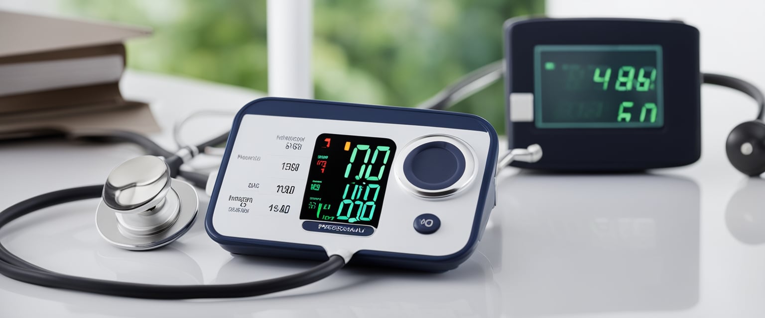 A blood pressure monitor sits on a clean, white surface, with a stethoscope draped beside it. The monitor's display shows a reading of 140/90, indicating hypertension