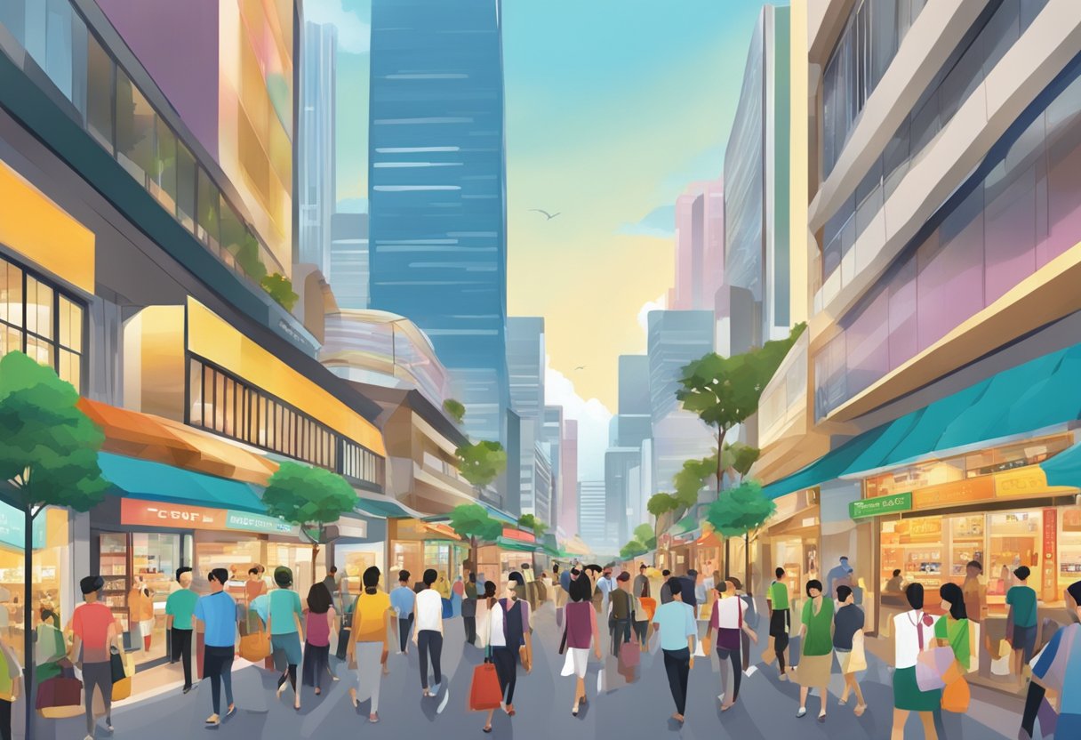 A bustling street in Robinsons Singapore, with colorful storefronts and busy shoppers. Tall buildings tower overhead, creating a lively urban atmosphere