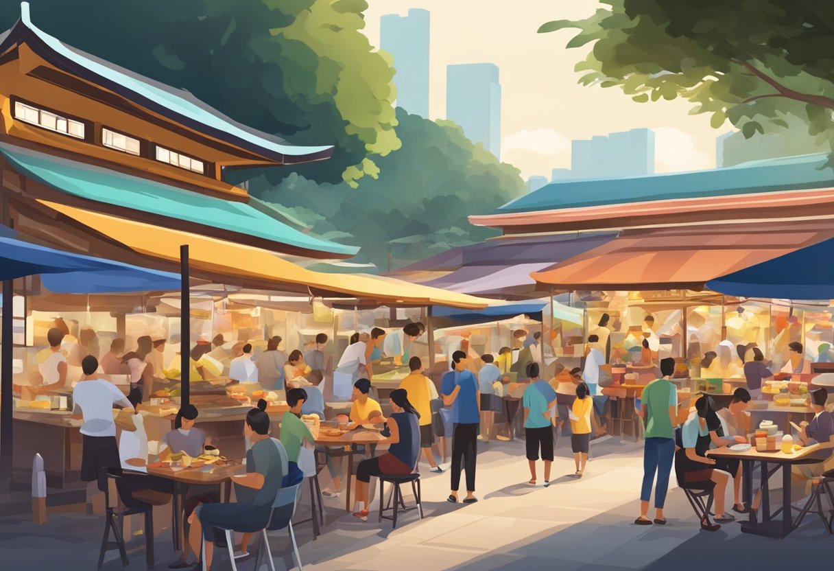 A bustling hawker center in Singapore, with colorful food stalls serving a variety of local and international cuisine. Outdoor seating and a lively atmosphere