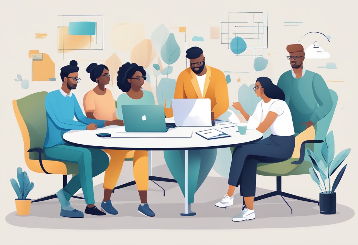 A group of diverse individuals working together, sharing ideas and fostering innovation in a professional setting