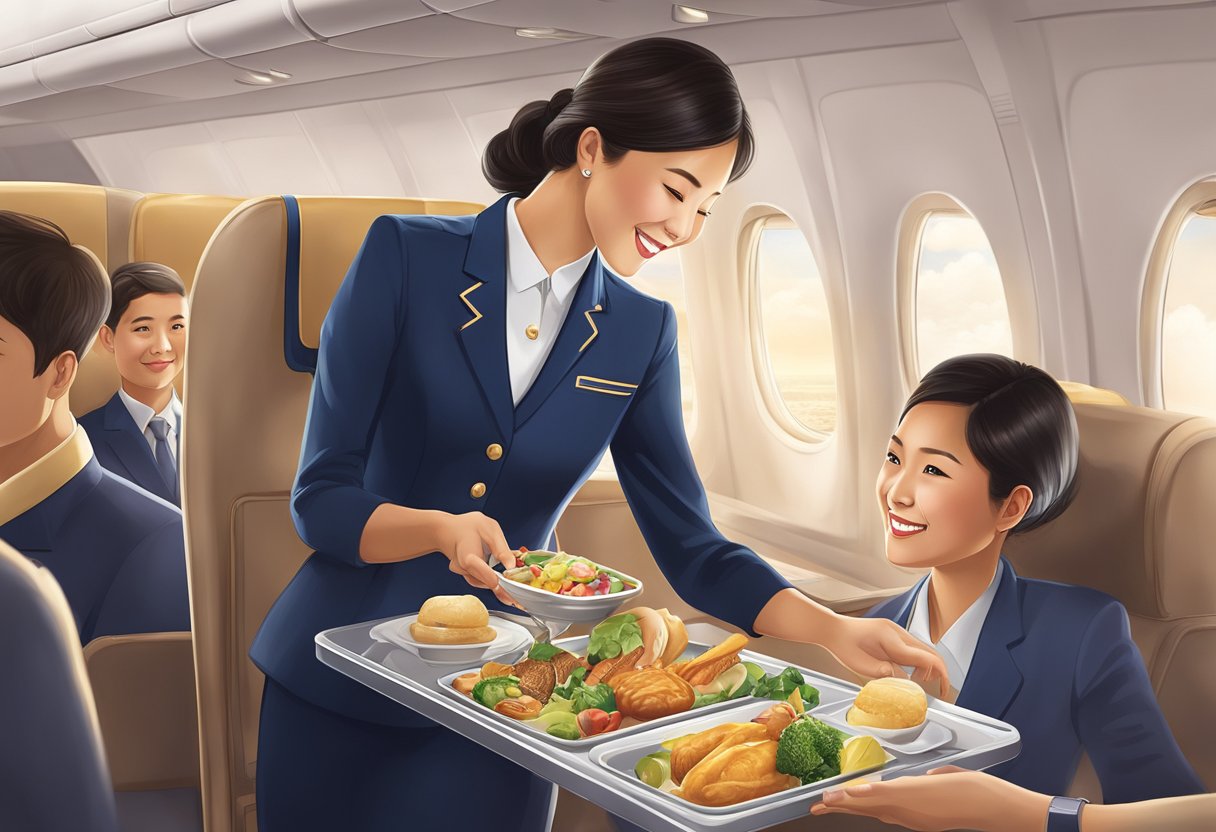 A Singapore Airlines cabin crew member serving food and drinks to passengers in a spacious and well-lit airplane cabin