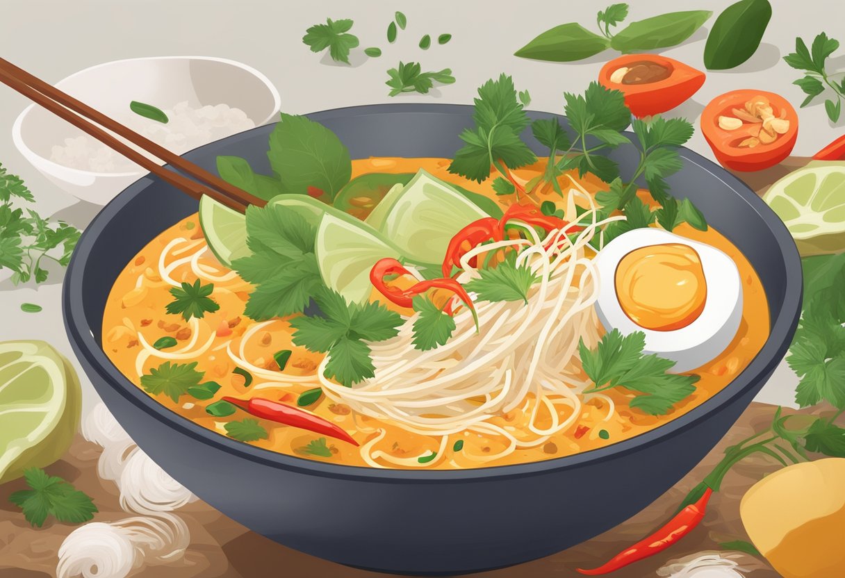 A steaming bowl of fragrant laksa sits on a table, surrounded by scattered chili flakes and fresh herbs. A spoon rests on the side