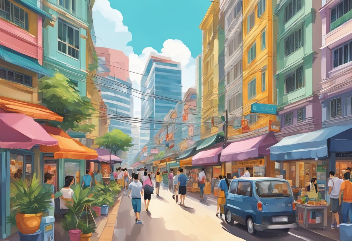 The bustling streets of Singapore's Oppenheimer district, with colorful shopfronts and vibrant signs, create a lively and dynamic atmosphere