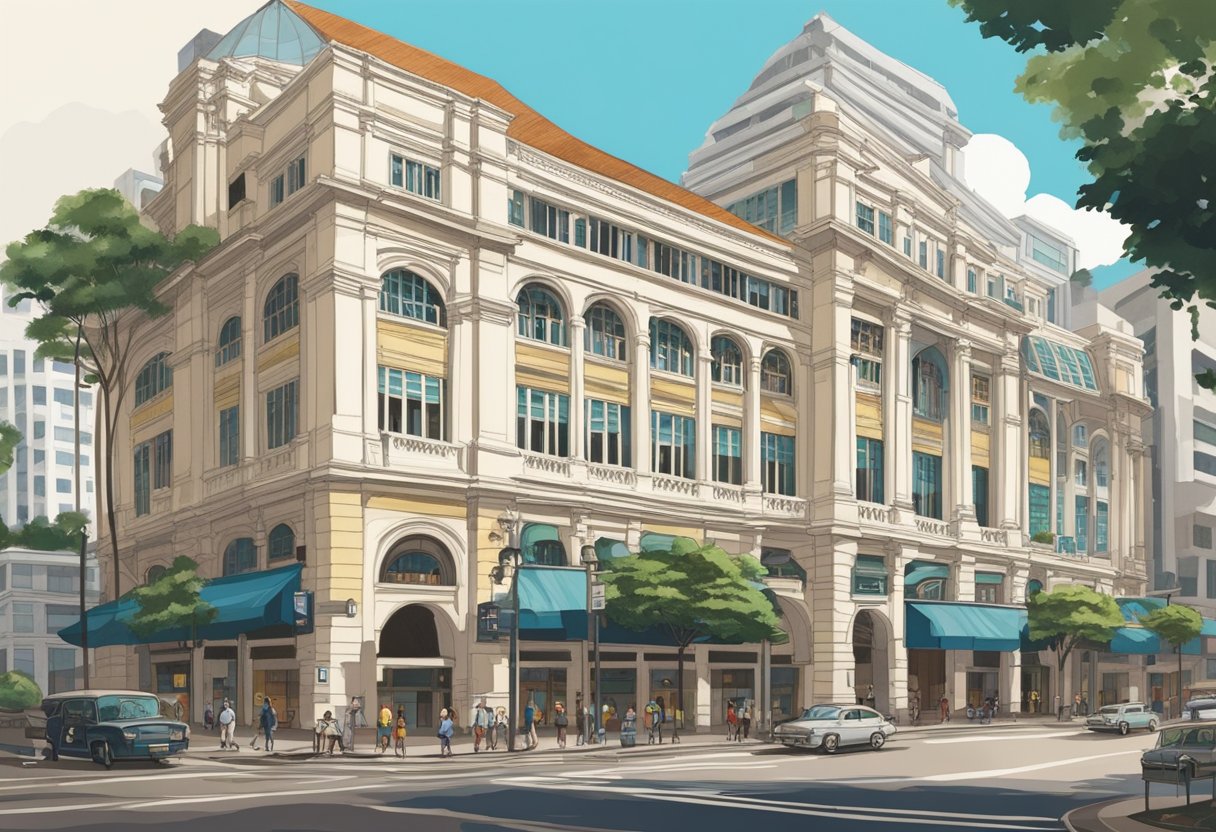 The historic Robinsons building stands tall, showcasing its legacy in Singapore's cityscape. The architecture exudes a sense of timelessness and grandeur, reflecting the rich history of the iconic department store