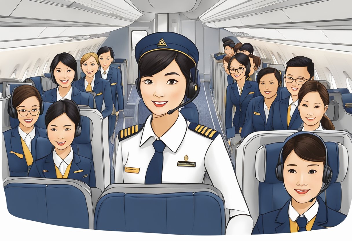 Singapore Airlines cabin crew in uniform, undergoing training in a simulated aircraft cabin, practicing safety procedures and customer service