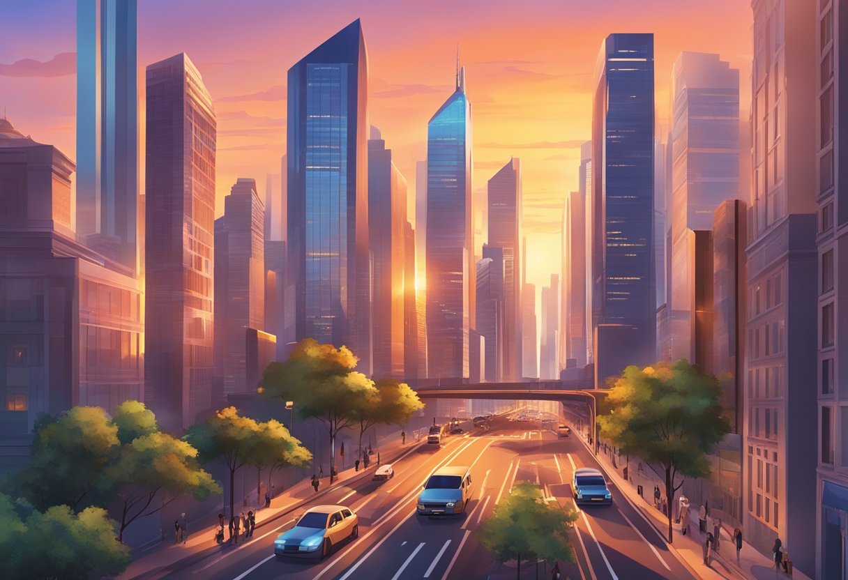 A bustling cityscape with modern skyscrapers and bustling streets, set against a backdrop of a vibrant sunset