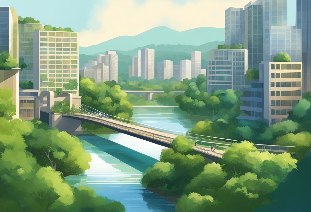 A tranquil river flows through lush greenery, with a bridge crossing over and modern buildings in the background