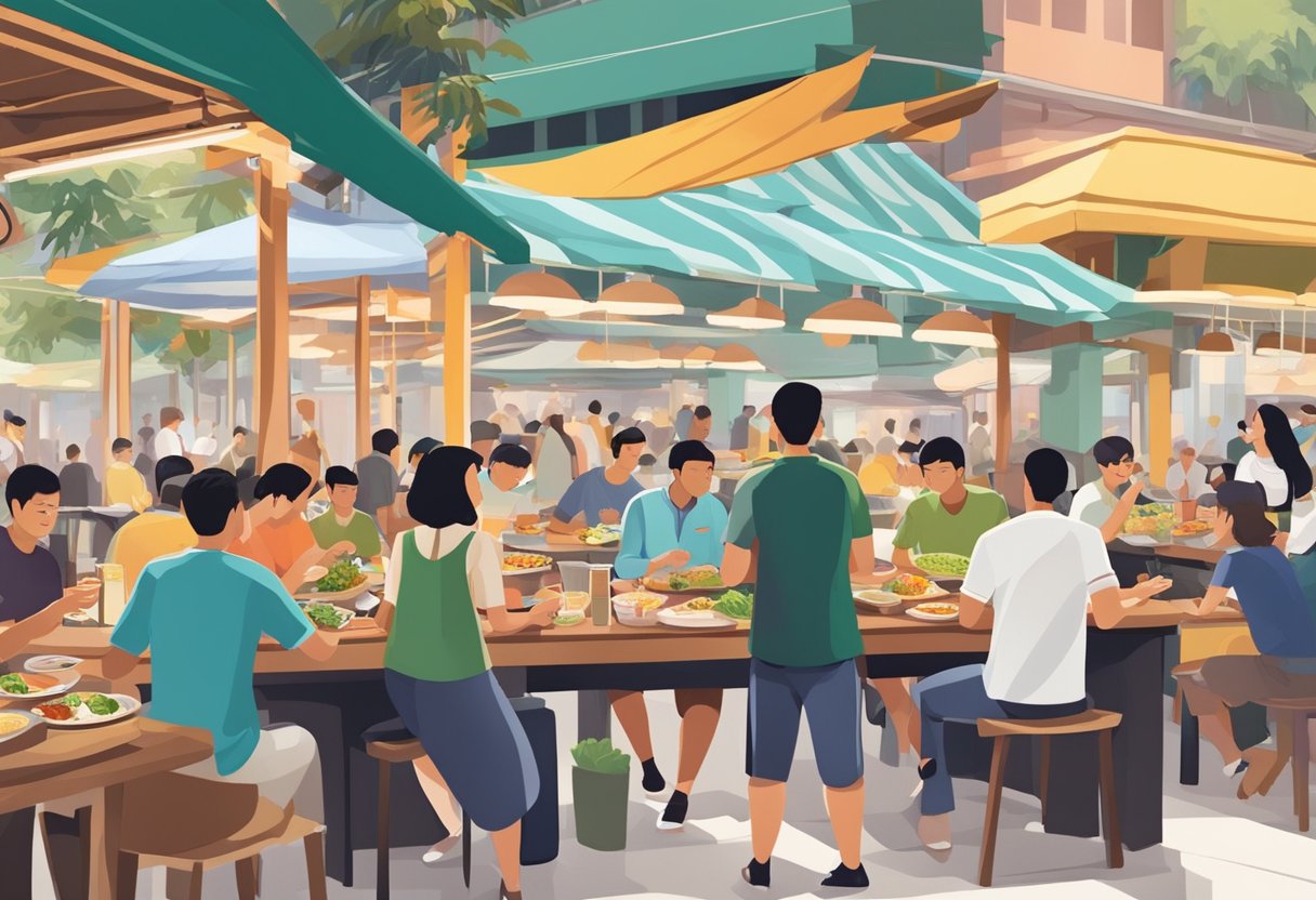 People enjoying diverse cuisines at hawker centers, bustling food markets, and upscale restaurants in Singapore