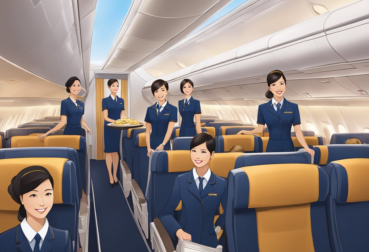 A group of Singapore Airlines cabin crew members performing safety demonstrations in the aisle of an aircraft, while smiling and maintaining professional demeanor