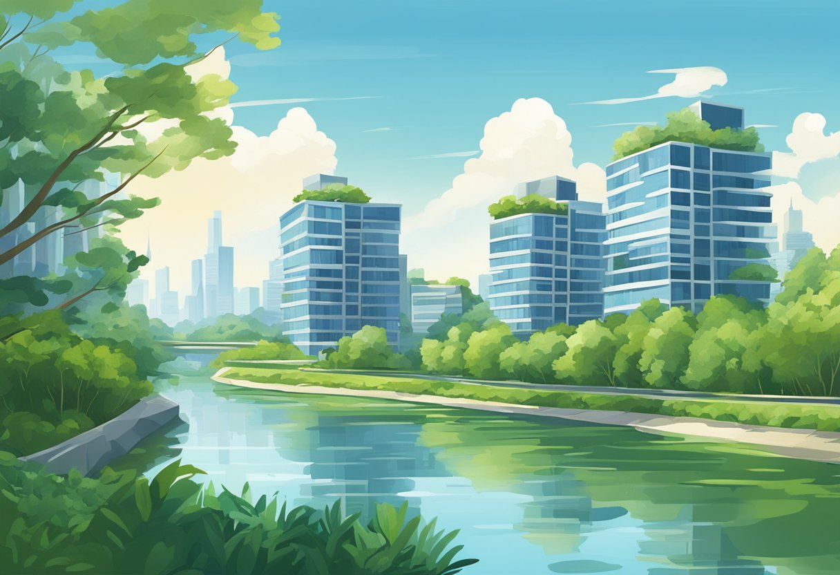 A serene river flowing through lush greenery, with modern buildings in the background and a clear blue sky above