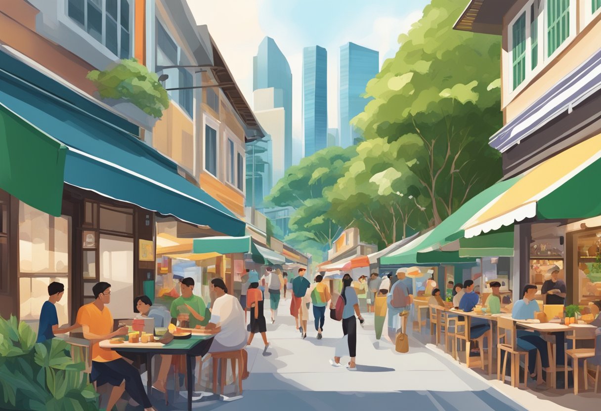 A bustling street lined with diverse eateries, from traditional hawker stalls to trendy cafes, nestled among vibrant shopfronts and lush greenery in Singapore