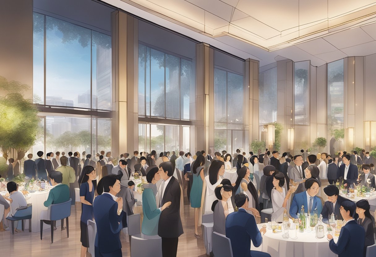 A bustling Singaporean reception at Oppenheimer Singapore, with guests mingling and networking in a modern and elegant setting