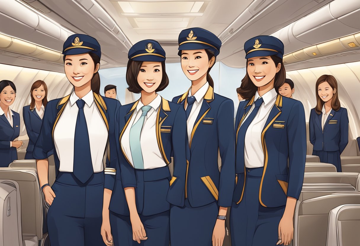 A group of Singapore Airlines cabin crew members stand together, answering questions from passengers with friendly smiles and professional demeanor