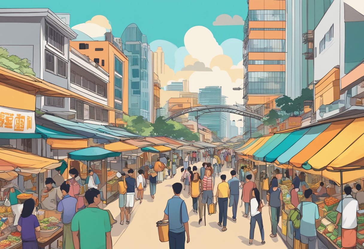 A bustling street in Singapore, lined with colorful food stalls and bustling with people. A sign reads "Frequently Asked Questions: Places to Eat in Singapore."