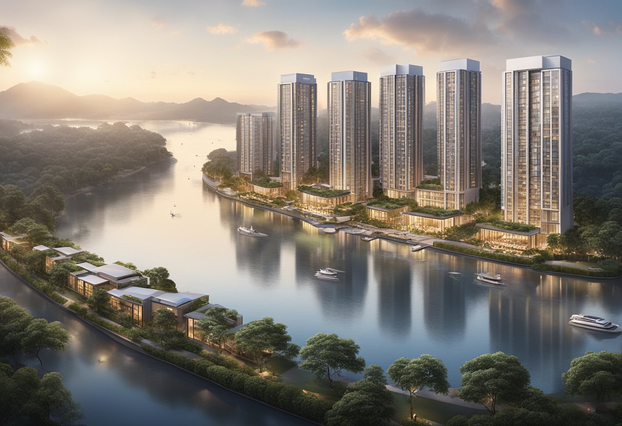 The scene depicts modern residences and amenities along a river, showcasing the luxurious lifestyle offered by Frasers Property Singapore