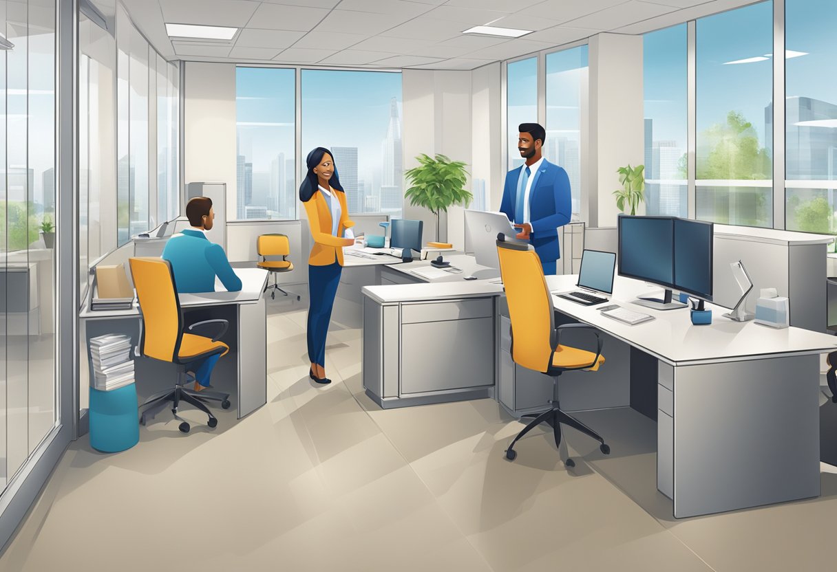 A bright and modern office setting with a prominent "Frequently Asked Questions" sign, a sleek Johnson and Johnson logo, and a friendly customer service representative ready to assist