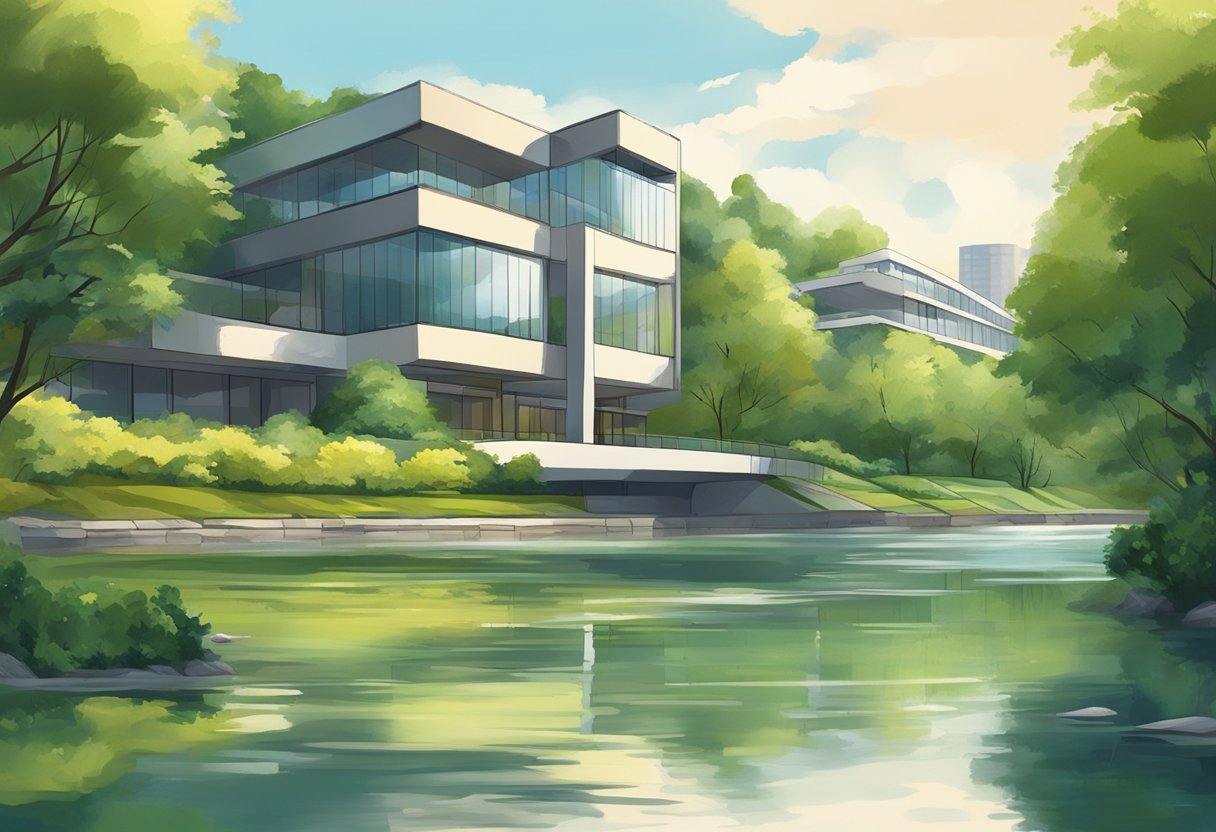 A serene river flowing through a lush landscape, with a modern building in the background